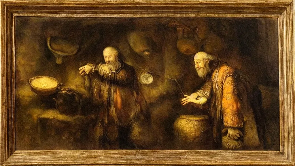 Prompt: wizard examining eggs, fantasy oil painting by Rembrandt