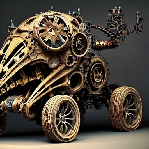 Image similar to biomechanical steampunk vehicle reminiscent of fast sportscar with robotic parts and (glowing) headlights parked in ancient lush palace, gothic and baroque, brutalist architecture, ultradetailed, creepy ambiance, fog, artgerm, giger, Intricate by Ellen Jewett and Josan Gonzalez and Giuseppe Arcimboldo