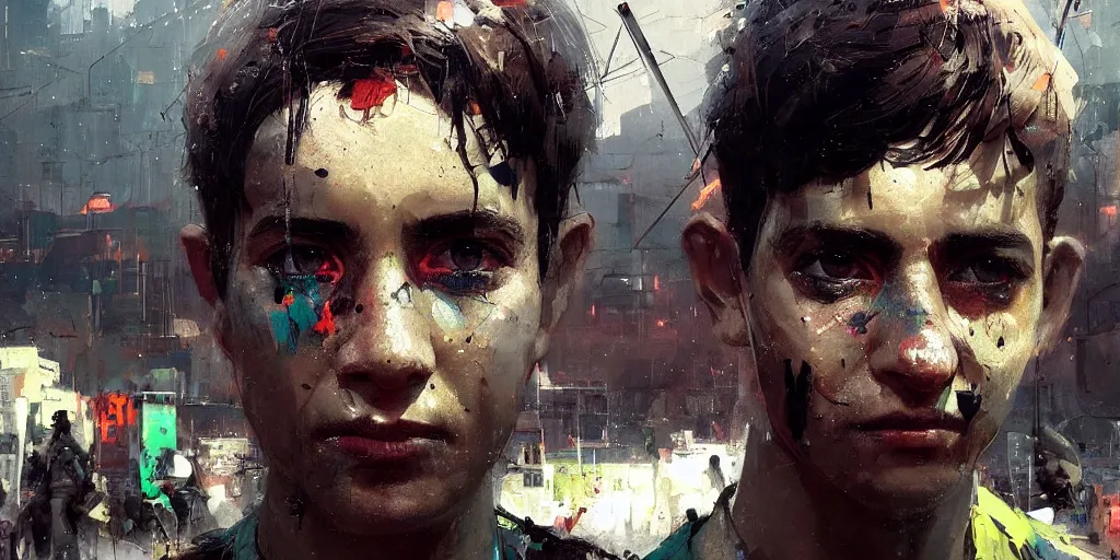 Image similar to extreme closeup on the eyes of a neon guard boy with short dark hair in front of a dystopian crowd with piles of garbage by Ismail inceoglu dragan bibin hans thoma, Perfect face, fine details, realistic shaded, fine-face, pretty face