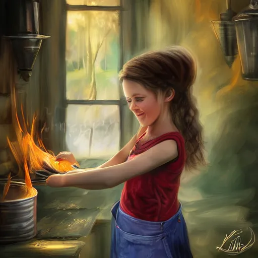 Image similar to the blacksmits’ daughter, working in the forge, a smile at her face, fantasy art in the style of Lilia Alvarado,