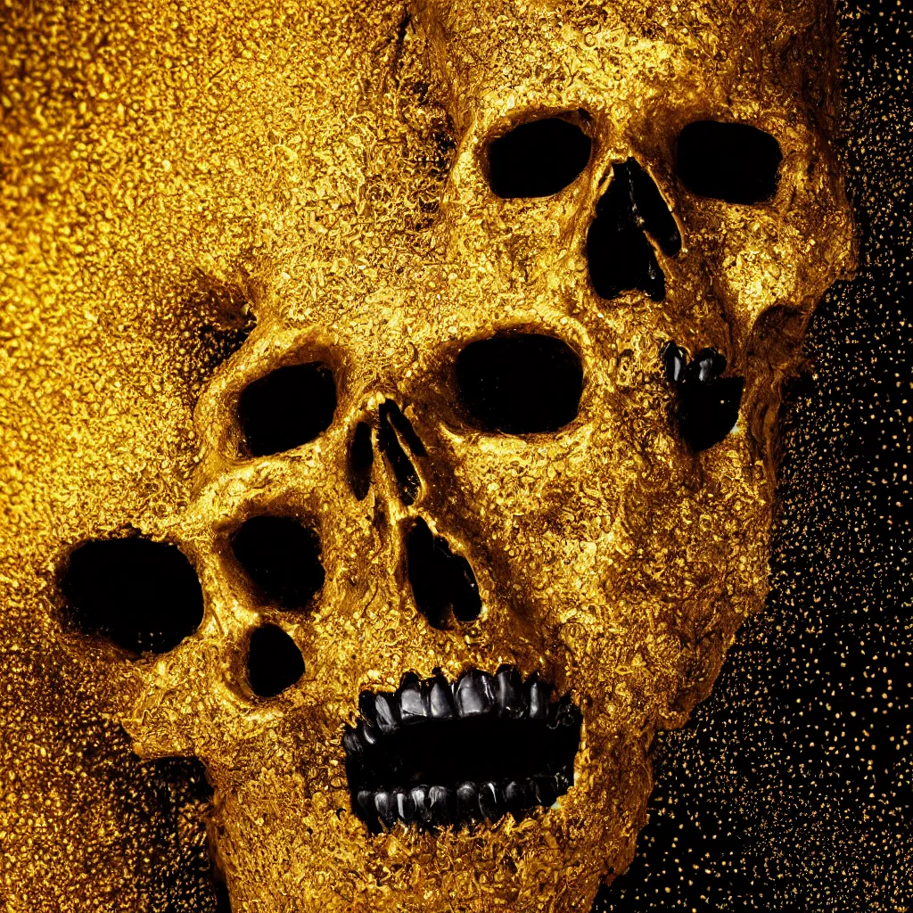 Prompt: black skull covered in thick dripping golden honey, white backdrop, professional studio product photography, HD render, octane render, VRAY, 8K, 4K