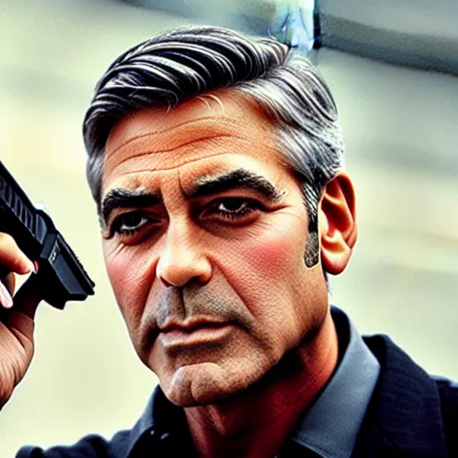 Image similar to George Clooney as James Bond, with pistol, cinematic photograph, dramatic background