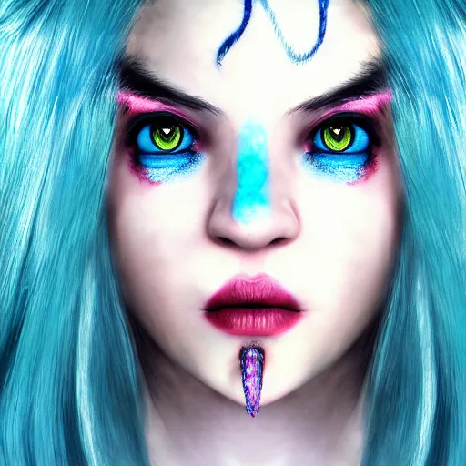 Image similar to The dragon girl portrait, portrait of young girl half dragon half human, dragon girl, dragon skin, dragon eyes, dragon crown, blue hair, long hair, highly detailed, cinematic lighting, by Tim Burton and David Lynch