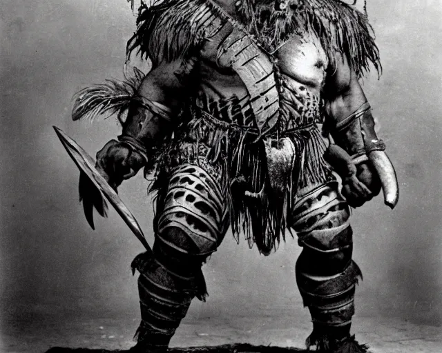 Prompt: vintage photograph of a real fantasy orc chieftain, tall, muscular, sharp fangs and tusks, big arms, big hands, big feet, armored, tribal paint, highly detailed