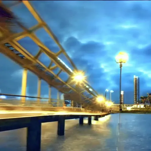 Image similar to blue hour, mostly cloudy sky, palm trees, bridge, curved bridge, dusk, oceanfront bridge, 2 4 0 p footage, 2 0 0 6 youtube video, 2 0 0 6 photograph, grainy low quality photograph, home video