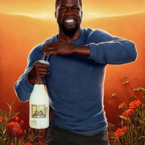 Image similar to clear portrait of kevin hart holding a gigantic bottle of milk, golden hour background, cottagecore!!, hyper detailed, character concept, full body, dynamic pose, intricate, elegant, highly detailed, digital painting, artstation, concept art, smooth, sharp focus, illustration, art by artgerm and greg rutkowski and alphonse mucha