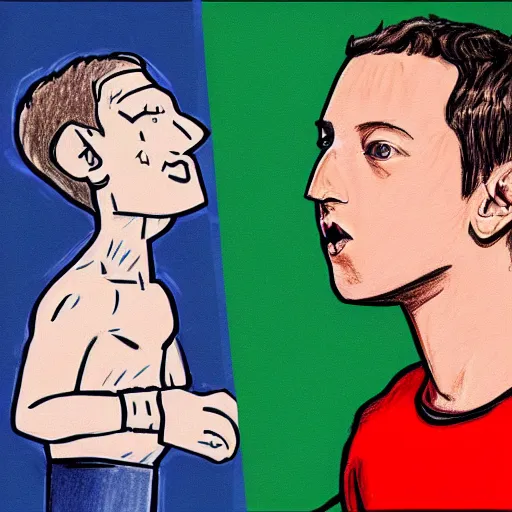 Prompt: a stupid child's drawing of mark zuckerberg in a boxing match with elon musk, crude crayon scribbles, poorly drawn