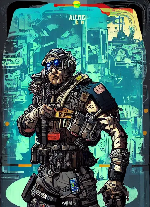 Prompt: vernon. buff cyberpunk mercenary. portrait illustration, pop art, splash painting, art by ashley wood, alphonse mucha, laurie greasley and josan gonzales ( apex legends )