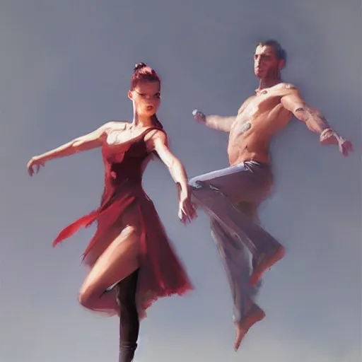 Image similar to oil painting dancer woman, with dancer men herb rose, by greg rutkowski, artstation