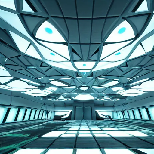 Image similar to detailed futuristic - utopian fantasy, futuristic - natural - beauty, artstation style, honeycomb halls, interior, futuristic government chambers, very large hall with many cubicles of desks and chairs arranged in circles, many computer screens, soft lamp illumination and multiple doorways, synthwave, futuristic - utopian architecture