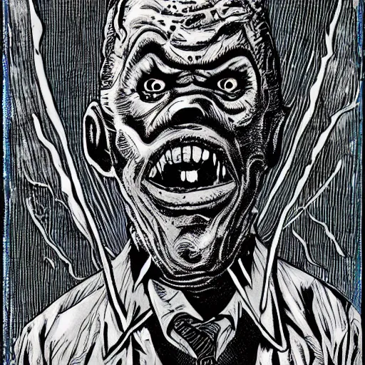 Image similar to a Pop Wonder scary horror themed goofy-hilarious-swamp-bog-monster-spaced-out-dead-head-with-space-in-his-oraphus, 3-piece-suit, dime-store-comic drawn with charcoal and pen and ink, half-tone-line-stacking