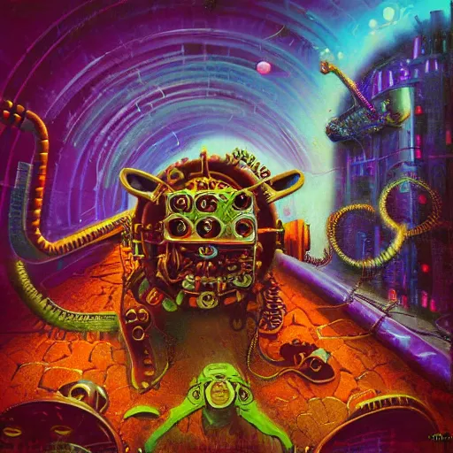 Image similar to steampunk rat, acid, 303, psychedelic, by paul lehr, cd cover for psytrance artist