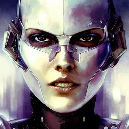 Image similar to extreme close up, facial portrait, woman in white sci - fi armor, mechanical armor, cybernetic hands, striking pose, portrait dnd, nier 2 b, painting by gaston bussiere, craig mullins, greg rutkowski, yoji shinkawa, artgerm