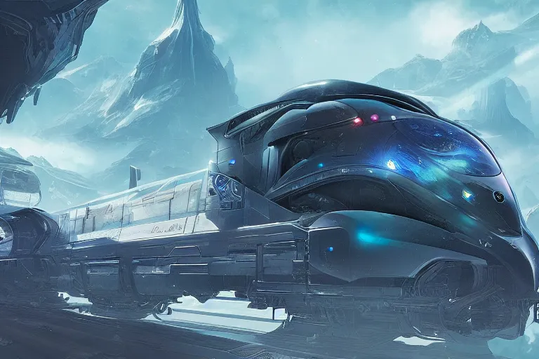 Prompt: a futuristic train riding through alien landscape, hyperdetailed, artstation, by Feng Zhu
