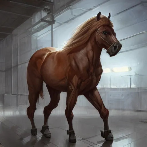 Image similar to an enormously muscular anthro horse sentinel in a research facility wearing a skintight body armor, long white mane, equine, anthro art, furaffinity, highly detailed, digital painting, artstation, concept art, illustration, art by artgerm, greg rutkowski, ruan jia