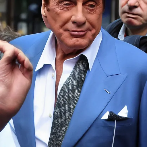 Image similar to Silvio Berlusconi with a blue NY hat and 16 cigarettes in his eyes, photo, paparazzi, hd, high quality