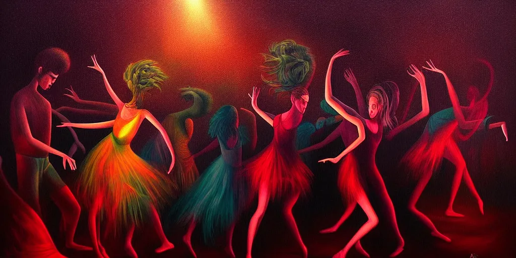 Image similar to personified emotion and thought creatures dance at the disco, dramatic lighting, attempting to escape to the surface and start a revolution, in a dark surreal painting by ronny khalil