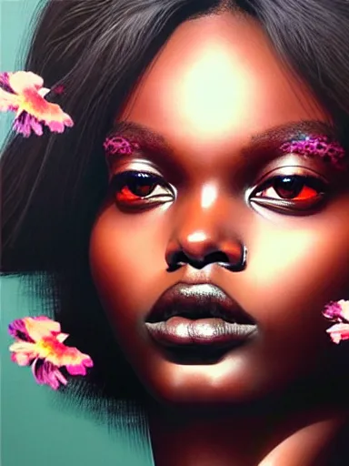 Prompt: a portrait of duckie thot with a floral background by karol bak, artgerm, moebius, yoji shinkawa : : portrait, illustration, photorealism, hyperrealism