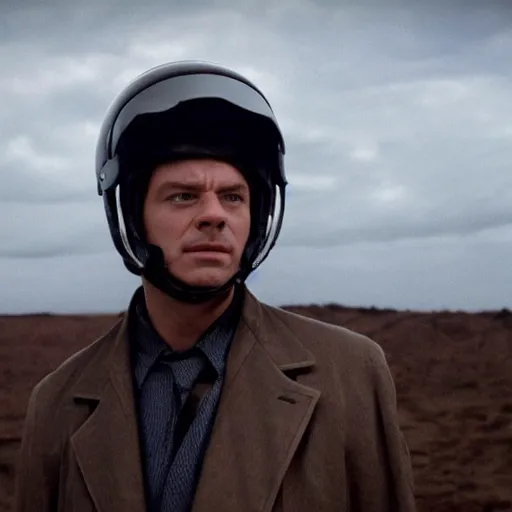 Image similar to movie still of a man with a helmet made of ether, cinematic composition, cinematic light, by edgar wright and david lynch