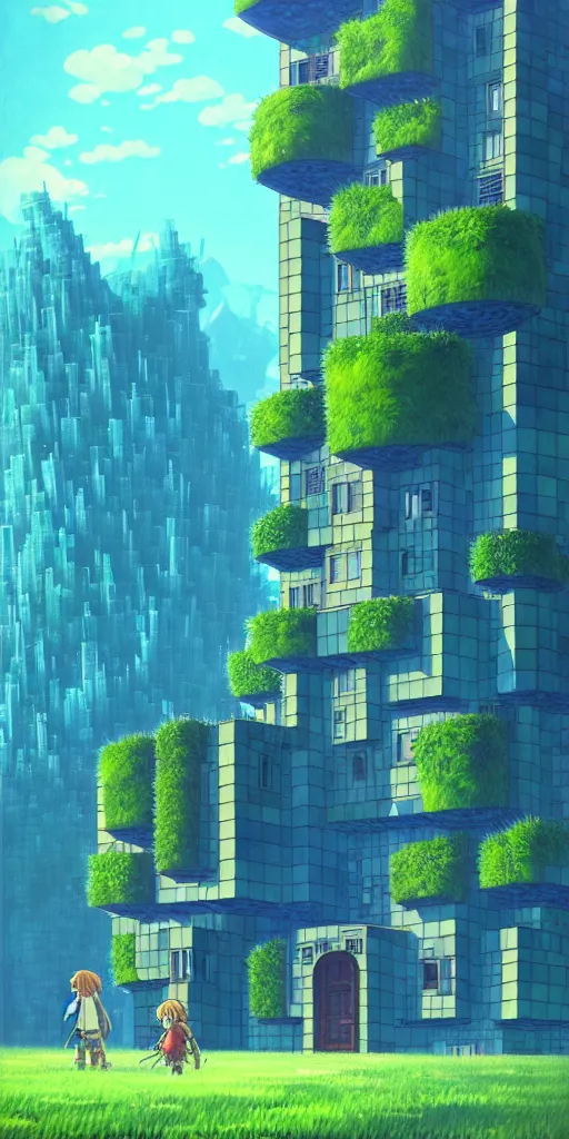 Image similar to a huge blue tiled apartment building of howl's moving castle ghibli, photorealistic, art by vincent di fate nausicaa, ghibli, breath of the wild, epic composition, green plants