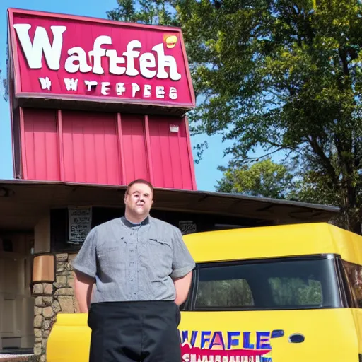 Image similar to wafflehouse employee's standing below wafflehouse sign