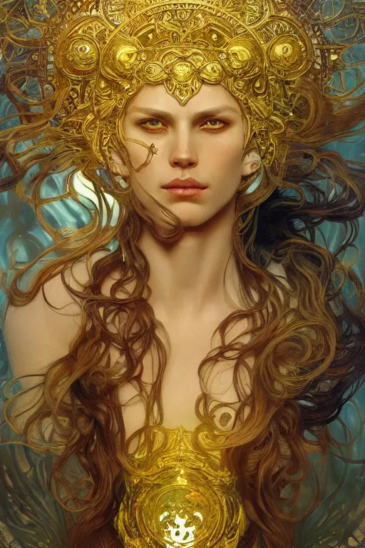 Prompt: god of sun, gold hair, gold eyes, tanned skin, fantasy, intricate, highly detailed, digital painting, artstation, concept art, smooth, sharp focus, art by art by Artem Demura and Alphonse Mucha, ArtGerm, valentina remenar, ruan jia