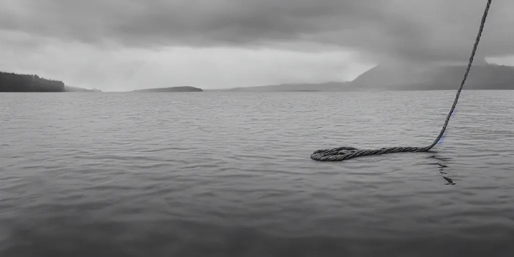 Image similar to symmetrical photograph of an infinitely long rope submerged on the surface of the water, with an uhnicorn, the rope is snaking from the foreground towards the center of the lake, a dark lake on a cloudy day