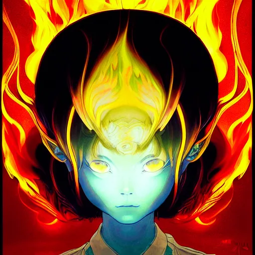 Image similar to prompt : flames portrait soft light painted by james jean and katsuhiro otomo and erik jones, inspired by evangeleon anime, smooth face feature, intricate oil painting, high detail illustration, sharp high detail, manga and anime 1 9 9 9