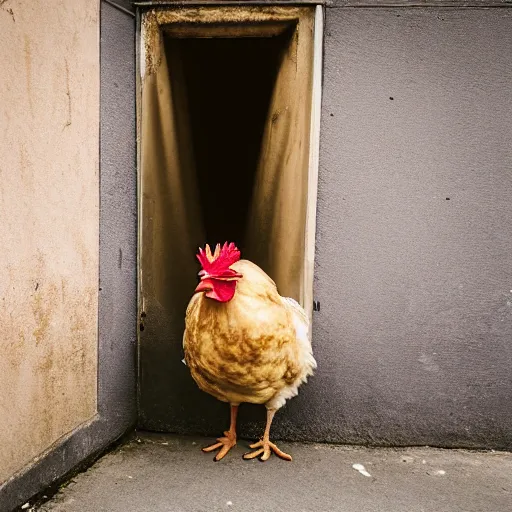 Prompt: man dressed as a chicken hiding behind a corner