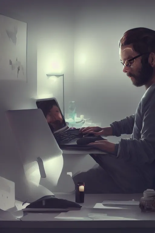 Image similar to tired man coding on a computer while holding a baby, ambient lighting, concept art, intricate, hyper detailed, smooth, dynamic volumetric lighting, octane, raytrace, cinematic, high quality, high resolution, 4 k, artstation