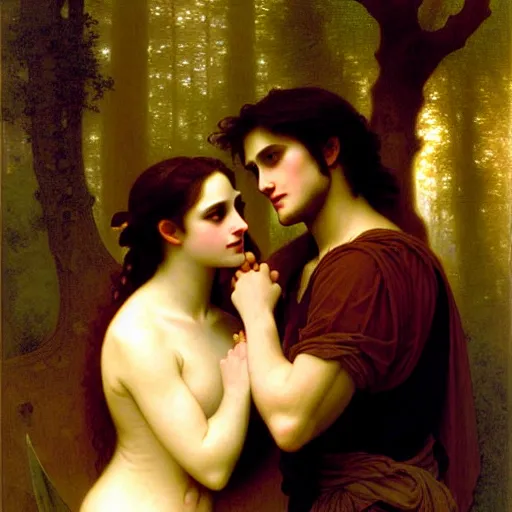 Prompt: twilight portrait of edward and bella in ancient forest by william - adolphe bouguereau in the style of gaston bussiere, art nouveau