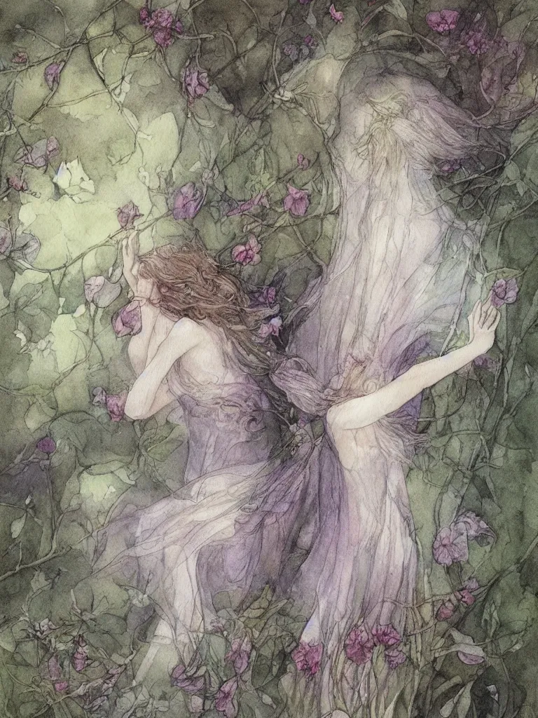 Image similar to study of a flower fairy, illustration, watercolor, alan lee, detailed, pretty, ethereal,