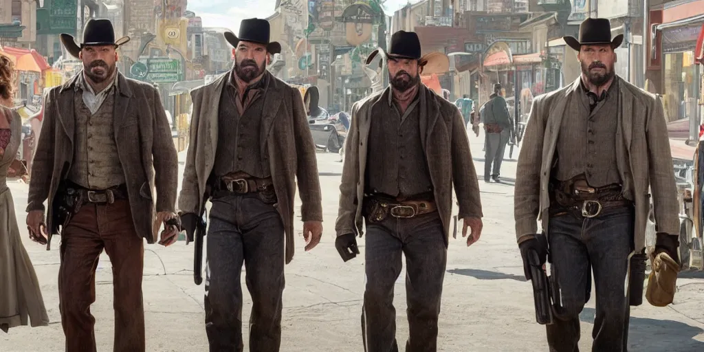 Prompt: an oil-painting of a busy old west town with Mila Jovovich and Dave Bautista