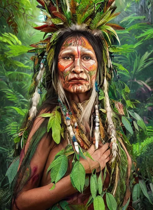 Image similar to a beautiful painted portrait of an old female shaman in the jungle surrounded by leaves and plants, tribal face paintings, shamanism, matte painting, fantasy art