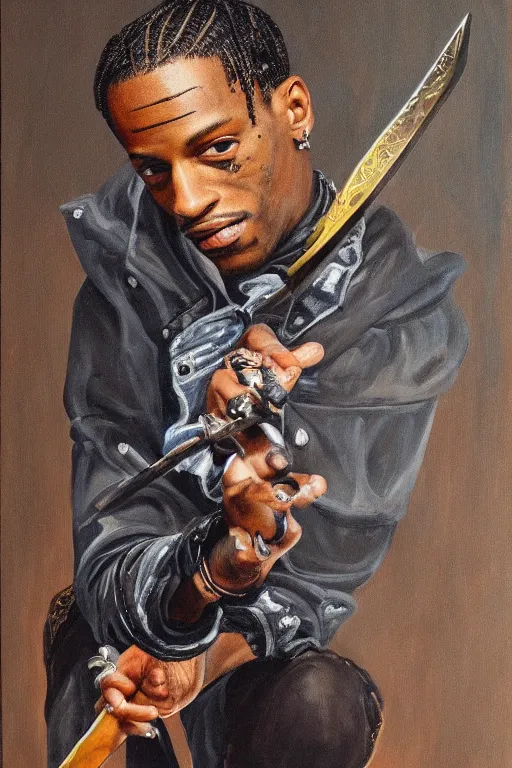 Prompt: travis scott holding a sword, painting