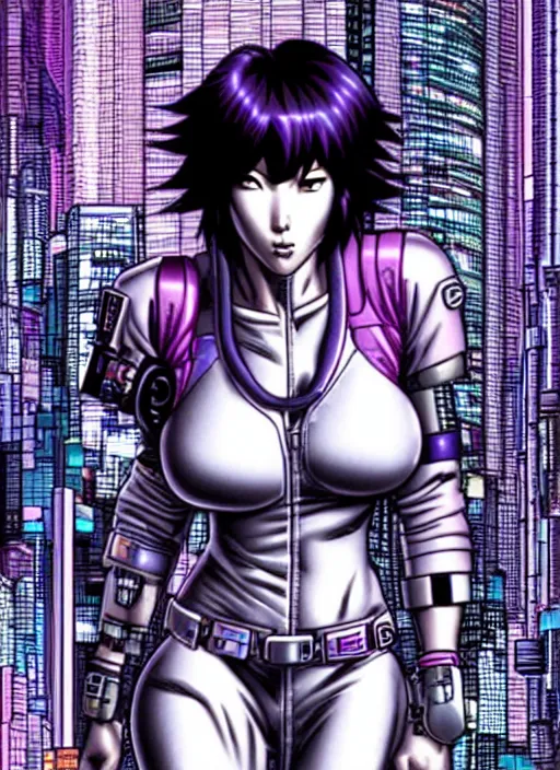 Image similar to motoko kusanagi in grungy cyberpunk megacity, intricate and finely detailed, cyberpunk vaporwave, portrait by j scott campbell