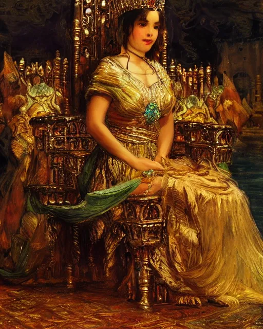 Image similar to an illustration of a queen on a throne at night by frederick arthur bridgman, realistic, detailed, oil painting, 1 9 th