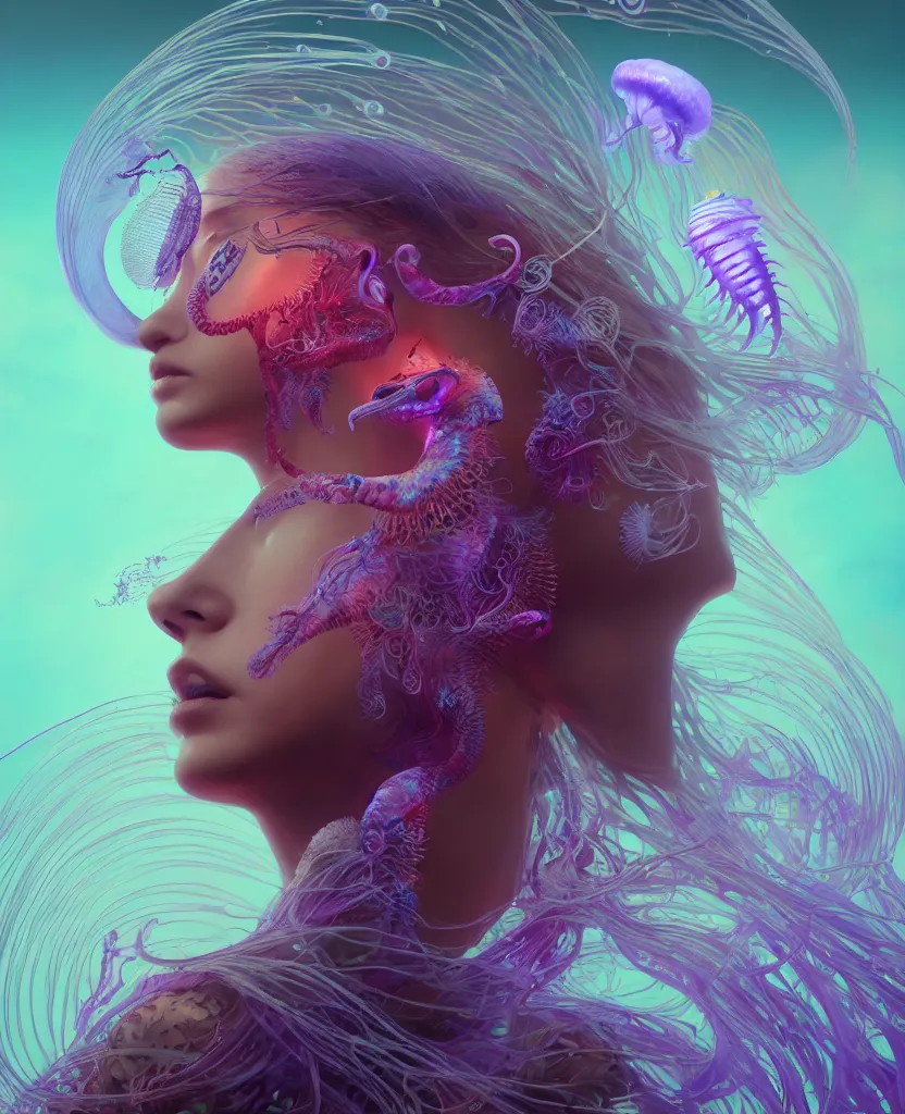 Image similar to goddess close-up portrait. orchid jellyfish phoenix head, nautilus, skull, betta fish, bioluminiscent creatures, intricate artwork by Tooth Wu and wlop and beeple. octane render, trending on artstation, greg rutkowski very coherent symmetrical artwork. cinematic, hyper realism, high detail, octane render, 8k