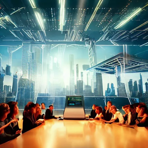 Prompt: large group of people, looking at hologram of futuristic city on a table, cinematic concept art, warehouse interior, godrays, golden hour, 4 k, clear details, tabletop model buildings, tabletop model, hologram center