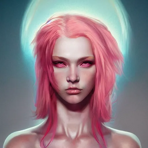 Image similar to beautiful warrior angel with pink hair, upper body, blue piercing eyes, thin features, beautiful aesthetic, by james jean, trending on artstation, digital art