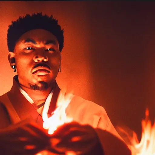 Image similar to cinematic film still of rapper JID starring as a Japanese Sensei with fire, Japanese CGI, VFX, 2003, 40mm lens, shallow depth of field, film photography