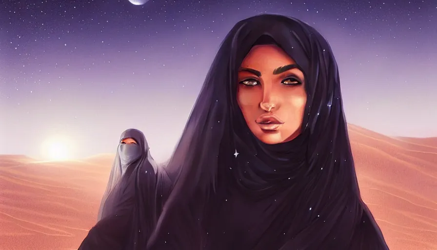 Image similar to Portrait of very very very very very very beautiful Arab woman wearing a Niqab, glowing magical eyes, energy trails, under giant full moon in the desert, intricate, elegant, highly detailed, digital painting, artstation, concept art, smooth, sharp focus, illustration, art by artgerm and greg rutkowski and alphonse mucha