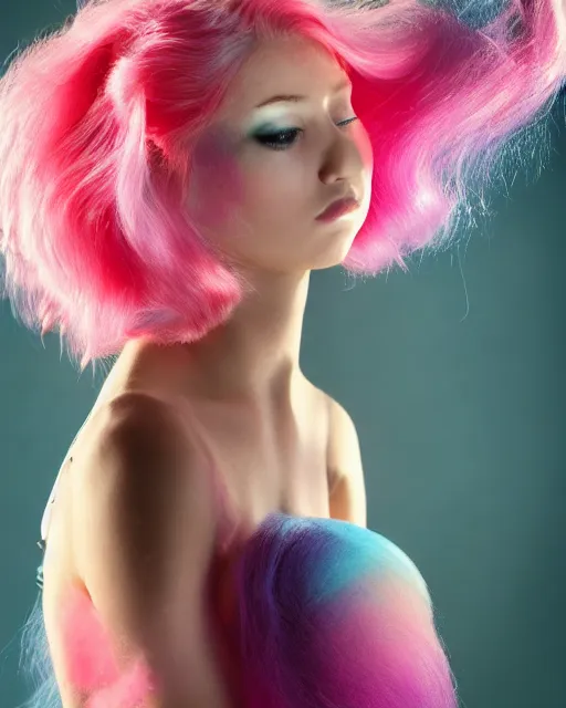 Image similar to a dramatic lighting photo of a beautiful young woman with cotton candy hair. with a little bit of cyan and pink