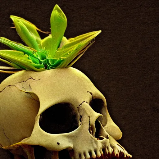 Prompt: a Venus flytrap growing in the mouth of a skull, photo, detailed, 4k