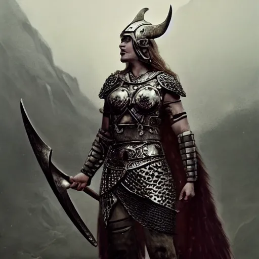 Image similar to Photo of a majestic fierce viking woman wearing a viking helmet, metal armor made of chainmail, leader, fear, awe, highly detailed, viking attire, cinematic, 8k, 1080s, by Stanley Artgermm, Tom Bagshaw, Greg Rutkowski, Vincent di Fate, Carne Griffiths, Ayami Kojima, trending on DeviantArt, hyper detailed, full of color, digital art,