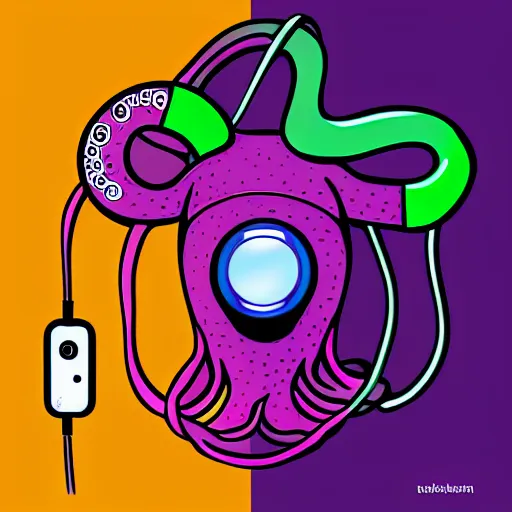 Prompt: cyborg octopus dj in headphones, digital art, minimalism