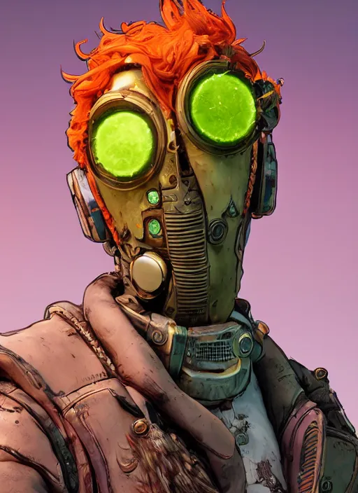 Image similar to lunarpunk portrait of curly orange hair man from borderlands 3, au naturel, hyper detailed, digital art, trending in artstation, cinematic lighting, studio quality, smooth render, unreal engine 5 rendered, octane rendered, art style by klimt and nixeu and ian sprigger and wlop and krenz cushart.