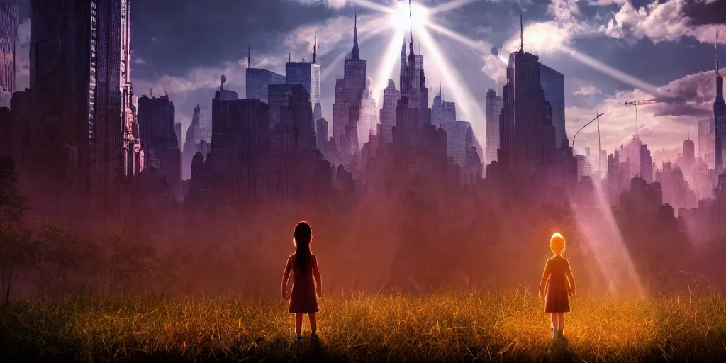 Image similar to sci - fi scene future new york cityscape, little girl in manhattan holding hand of giant robot, lonely girl, forest punk, crepuscular rays, epic scene, hyper realistic, photo realistic, overgrowth, cinematic atmosphere, ethereal lighting,