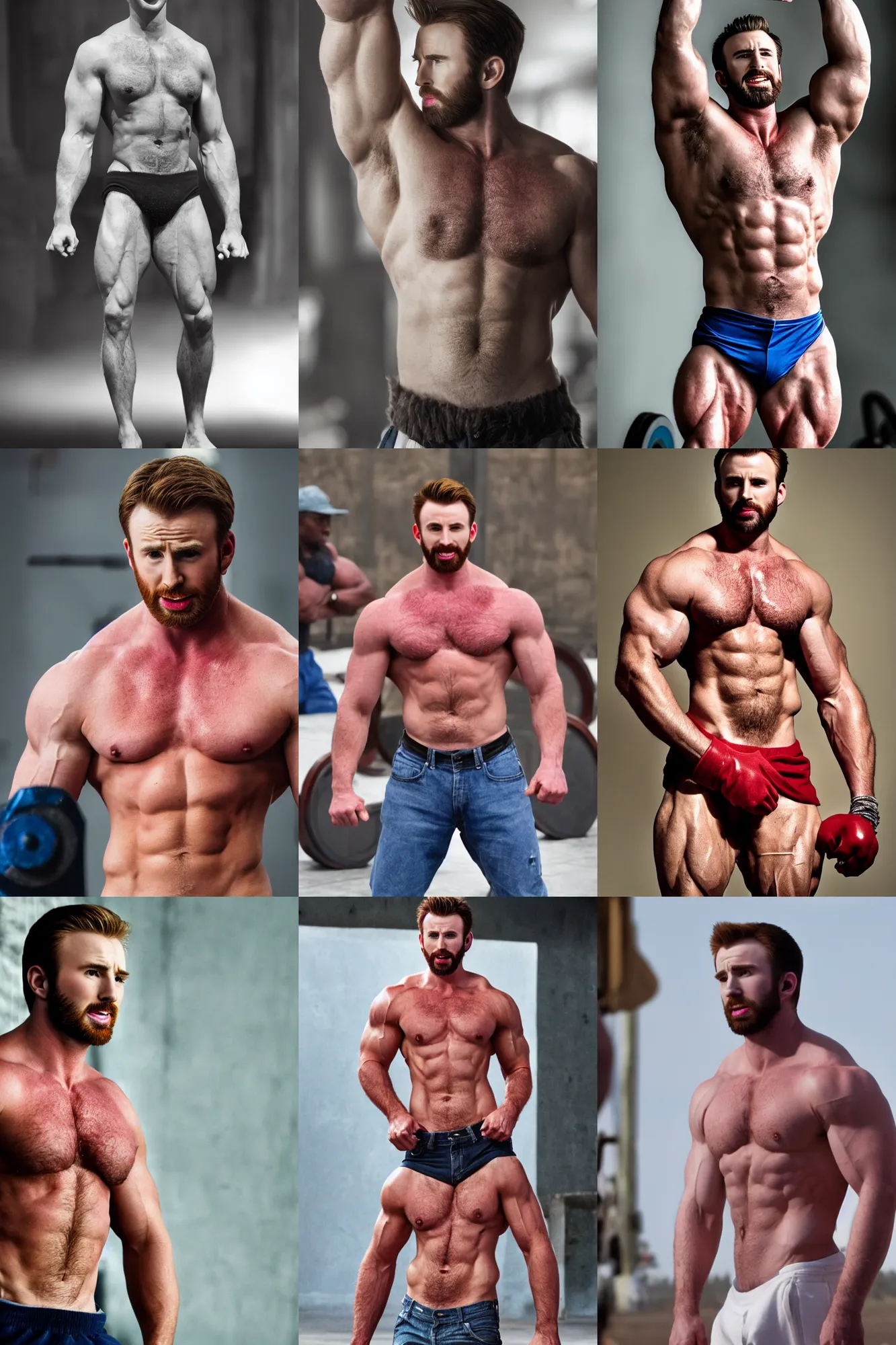 Prompt: chris evans as a bodybuilder, masculine, hairy torso, 4 k hd