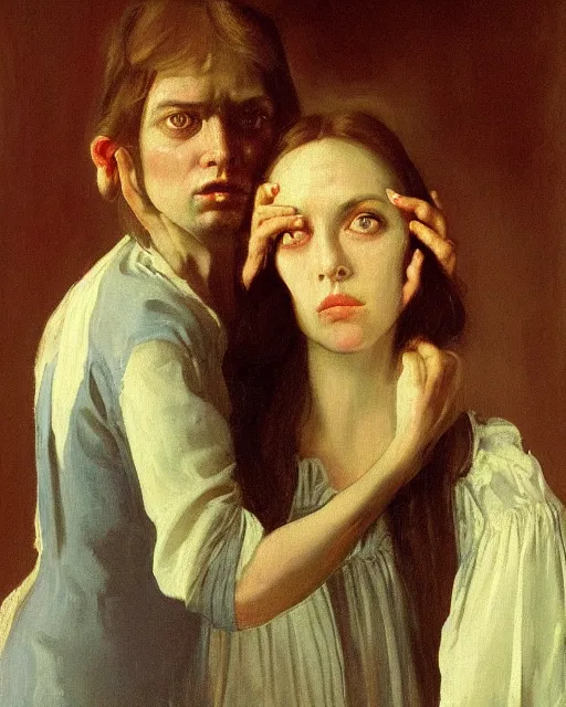 Prompt: a baroque painting of two beautiful but creepy siblings wearing linen shirts in layers of fear, with haunted eyes and dark hair, 1 9 7 0 s, seventies, wallpaper, a little blood, morning light showing injuries, delicate embellishments, painterly, offset printing technique, by brom, robert henri, walter popp
